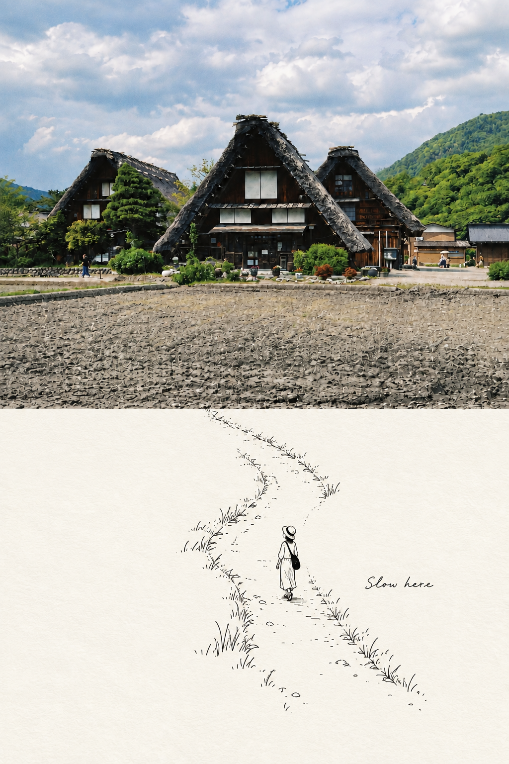 合掌村實景延伸線稿海報